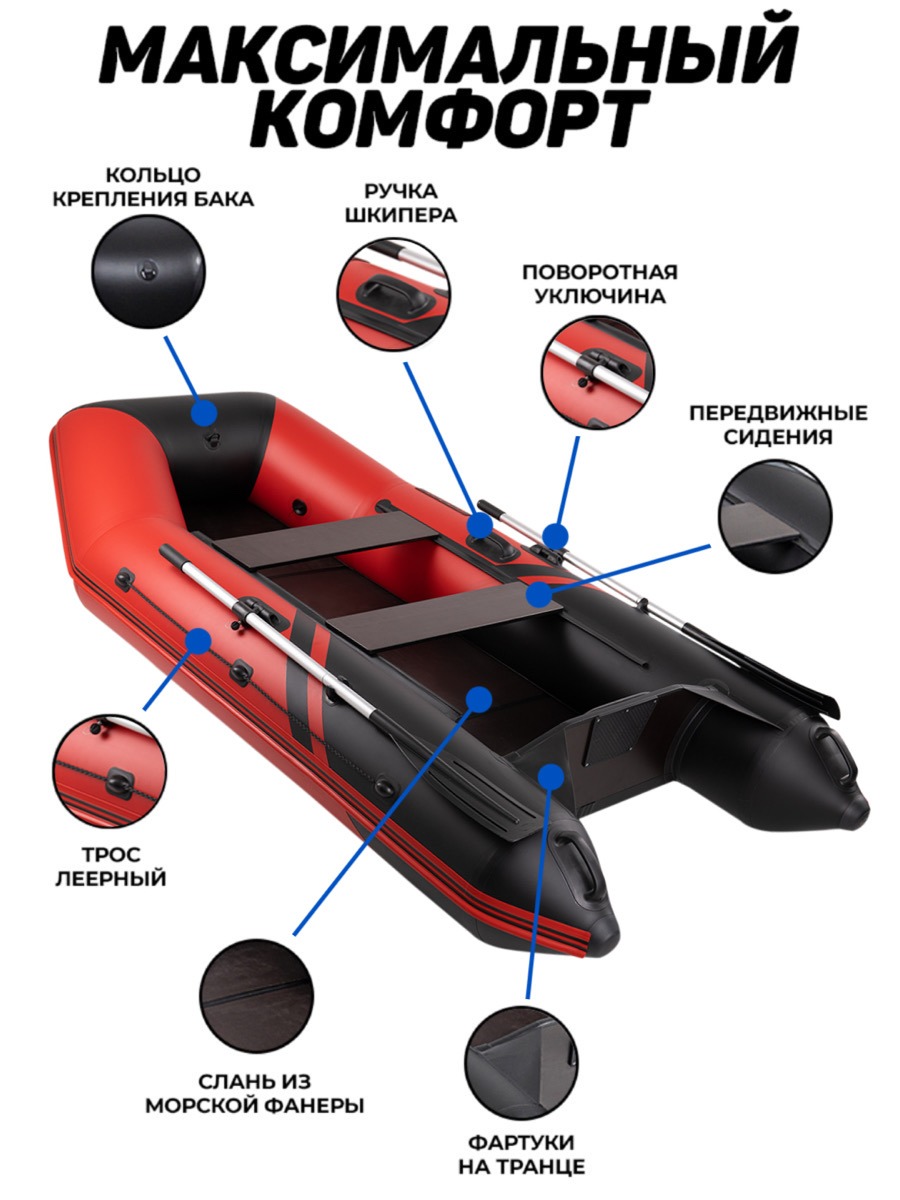 Броня-280 СК слань+киль красный-черный (лодка ПВХ под мотор с усилением) -  купить у официального дилера в Москве по цене 33 950 р. с доставкой