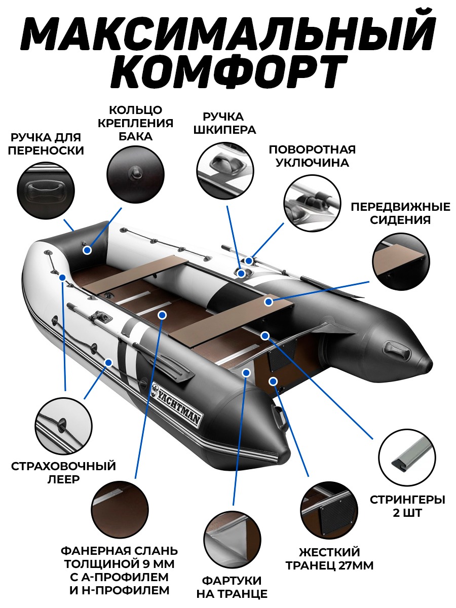 YACHTMAN-360 СК (Яхтман) белый-черный (лодка ПВХ под мотор с усилением) -  купить у официального дилера в Москве по цене 65 750 р. с доставкой